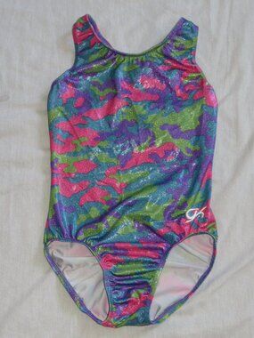 GK Elite Blue Pink Purple Green Camo Shimmer Gymnastics Leotard Child Large CL